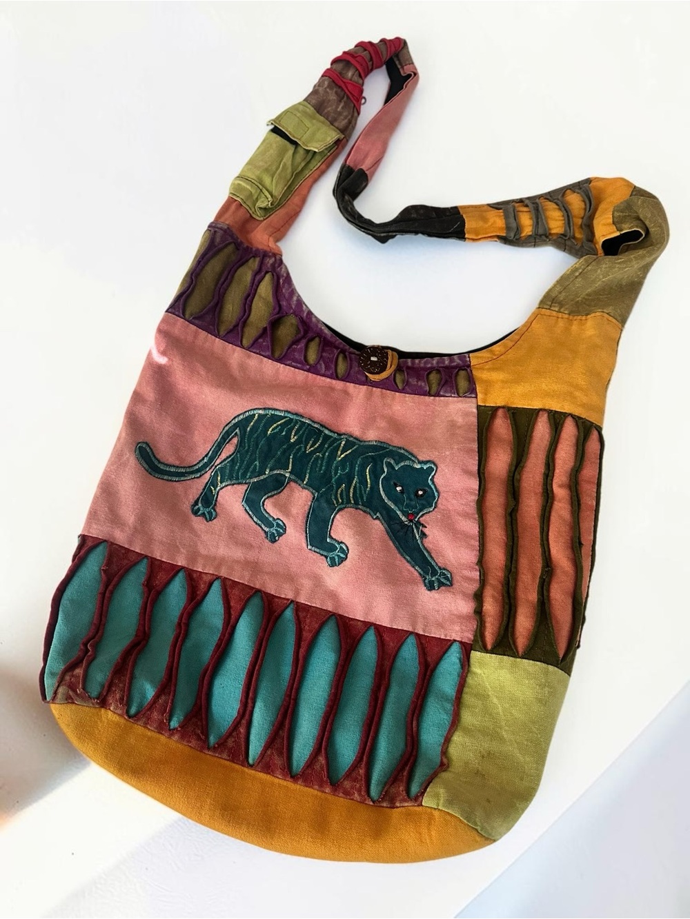 Bohemian Boho Multicolor Patchwork Shoulder Bag with Panther Motif